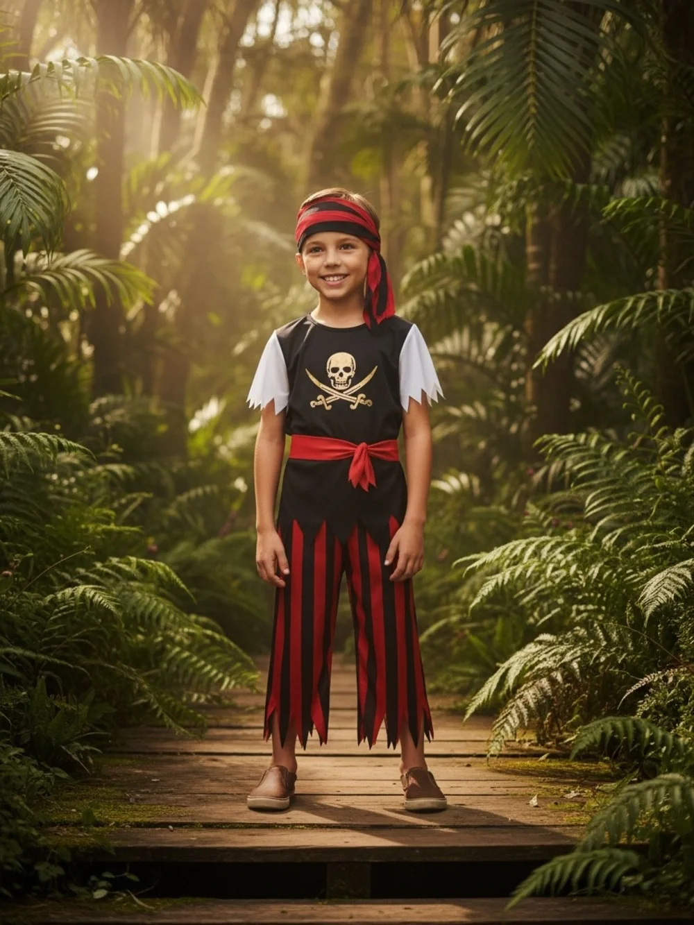 Kids Black and Red Pirate Costume with Gold Skull Size Medium (8)
